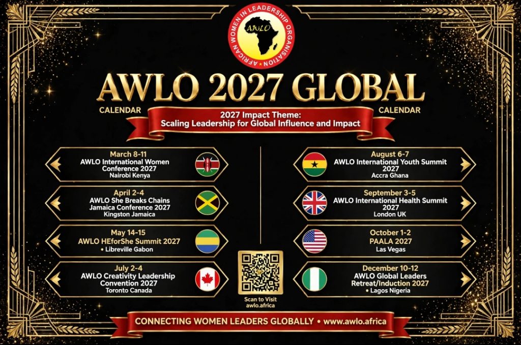 AWLO 2027 Global Calendar poster listing eight events from March to December 2027